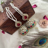 Vriksham Ridhima Bridal Pearl String With Red, Green & Kundan Detailing Jhumka With Earchain-G20160